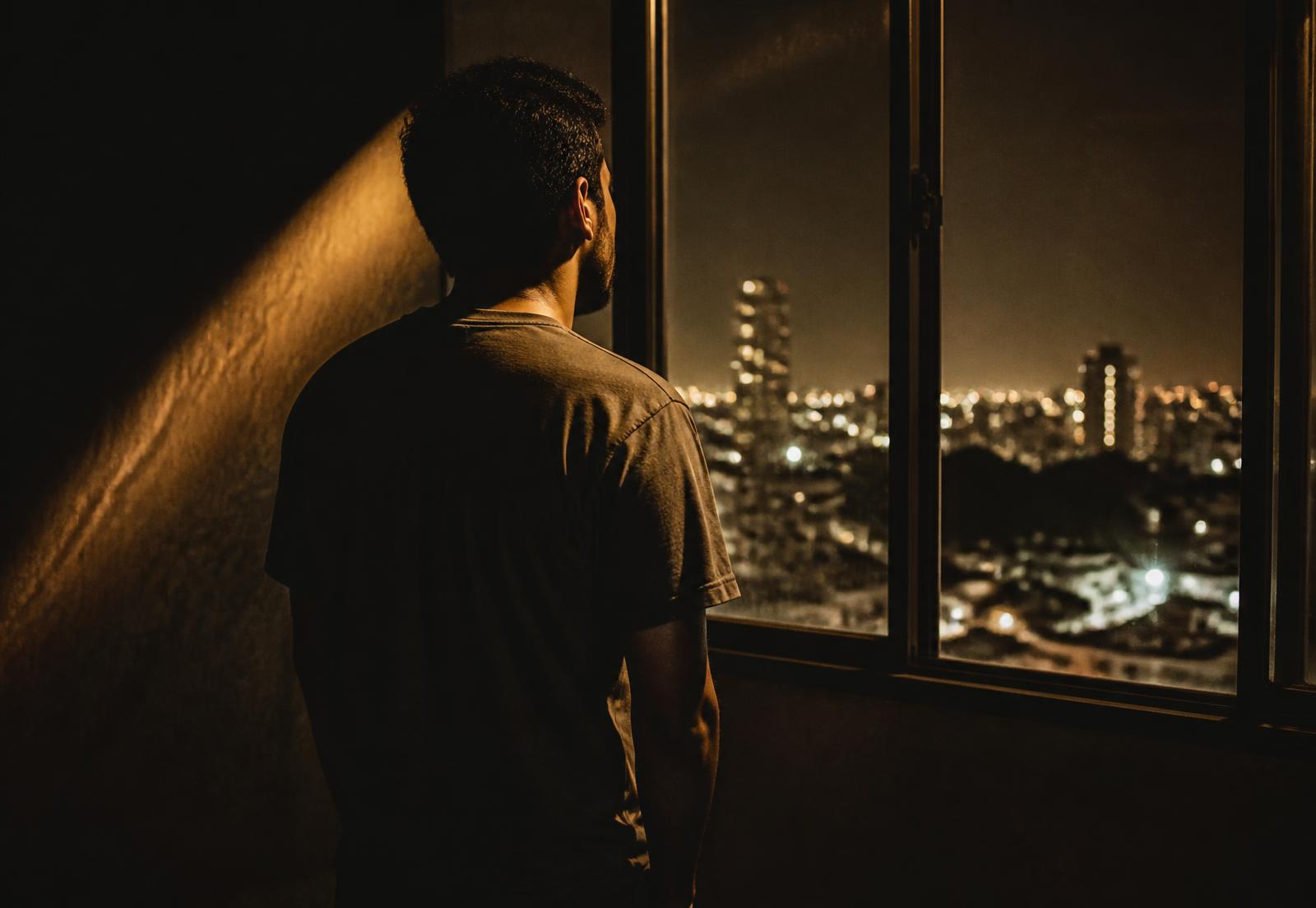 Homem olhando pela janela à noite, refletindo sobre o futuro